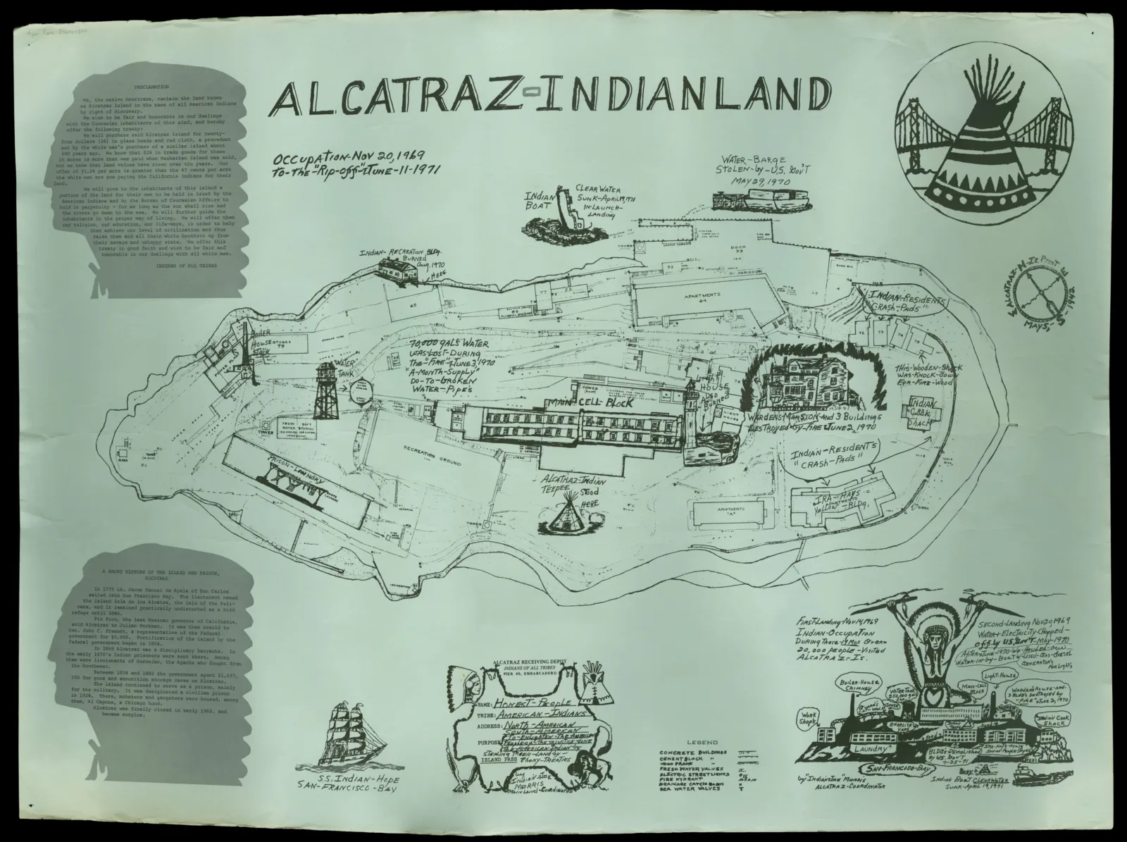 Alcatraz Indianland map Oriented with north at upper left. Profile view of Alcatraz Island at lower right. Printed on light blue paper. Includes proclamation of Indians of All Tribes and text on the history of Alcatraz Island and prison.