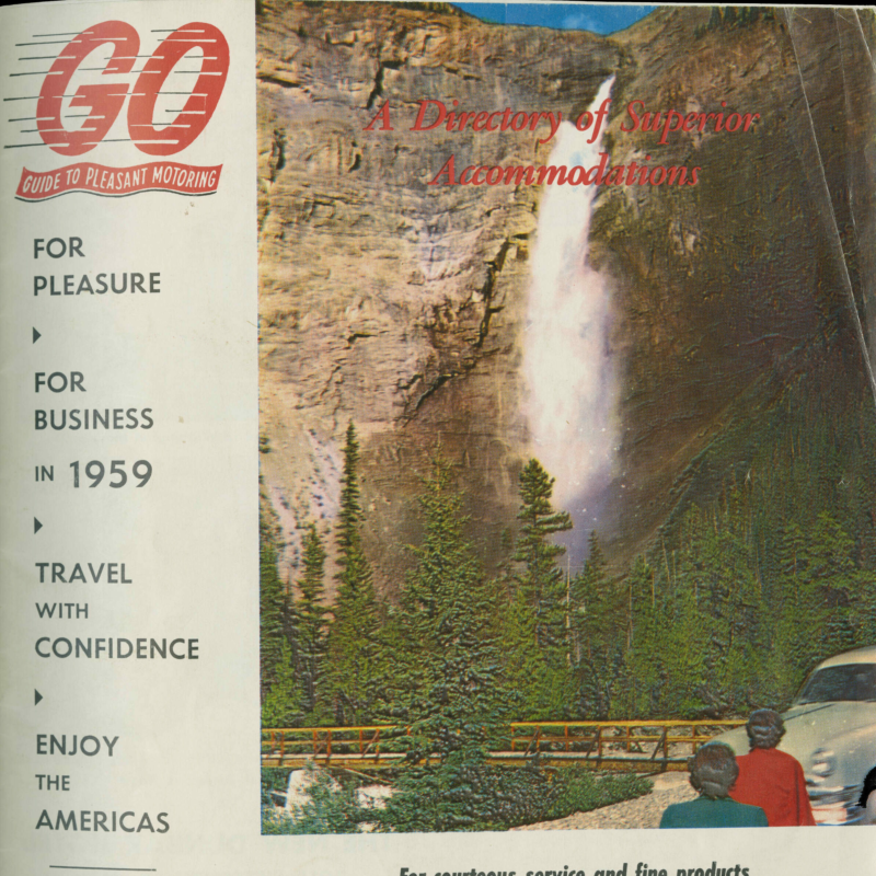 Go: Guide to Pleasant Motoring The top of the guide reads, "Go: Guide to Pleasant Motoring. A Directory of Superior Accommodations." The illustration behind the text shows two people next to a car looking up at a waterfall surrounded by pine trees at the base.