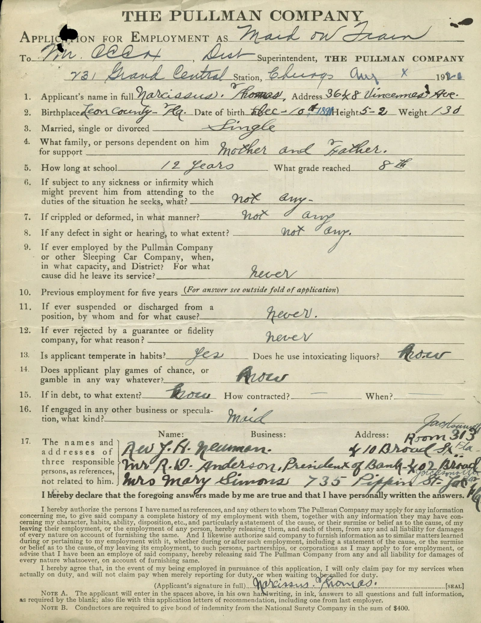 An employee application was completed in pen by a woman named Narcissus Thomas