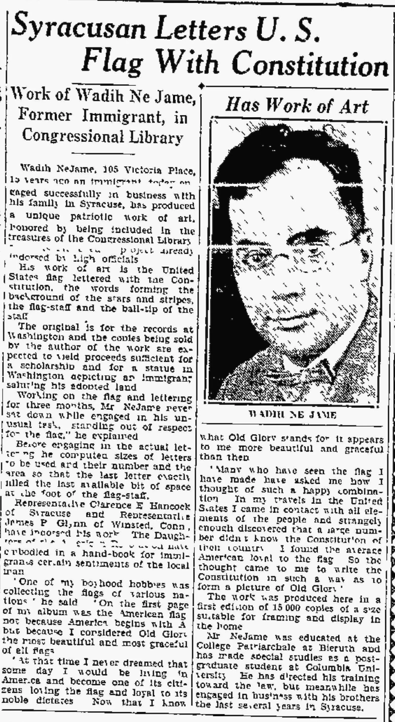 Wadih NeJame Syracuse Herald article Newspaper article in black and white featuring a photo of NeJame on the right.