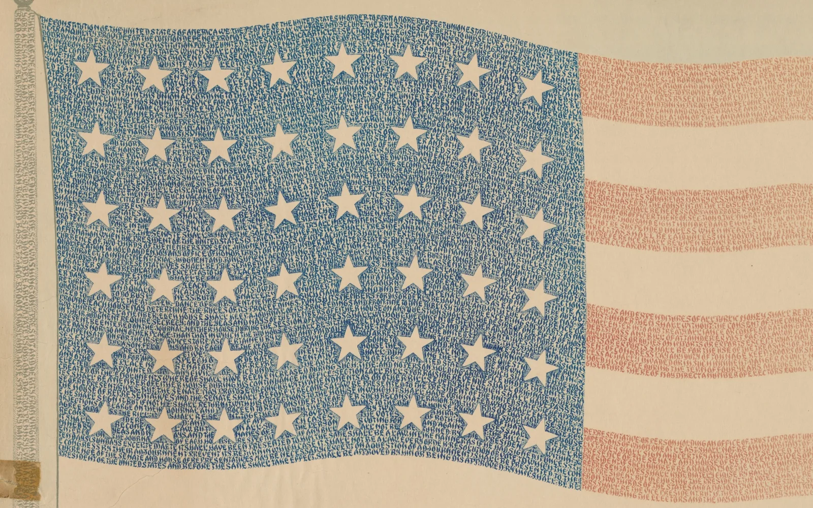The flag and the Constitution combined (detail) Portion of a calligraphic piece made by NeJame. NeJame lettered the US Constitution in the shape of the US flag. Different portions of the piece are in red and blue.